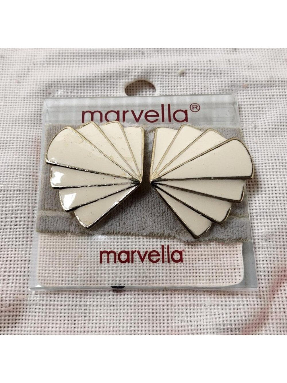 Vintage New Marvella Gold Tone White Enamel Clip on Fan Earrings